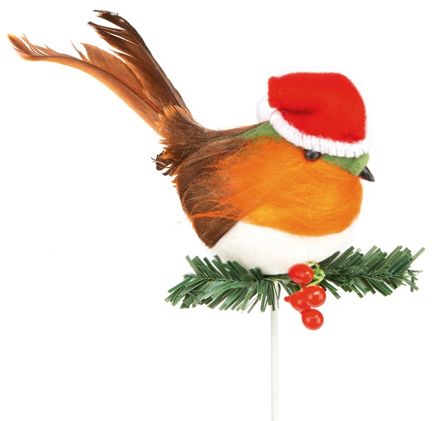 10CM ROBIN WITH SANTA HAT PICK | AC094103
