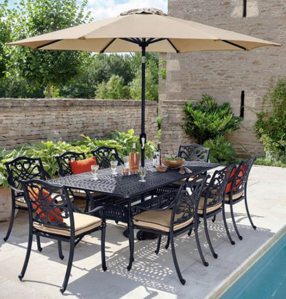 CAPRI 8 SEAT SET BRONZE AND AMBER PARASOL + BASE | CAPRI8SEATSET