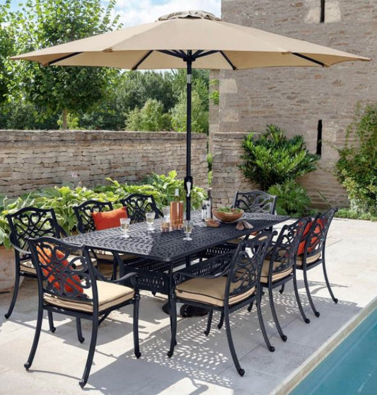 CAPRI 8 SEAT SET BRONZE AND AMBER PARASOL + BASE | CAPRI8SEATSET