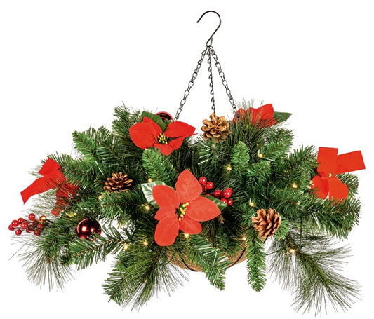 50CM RED POINSETTIA HANGING BASKET W 40 WARM WHITE | FDF227034DW