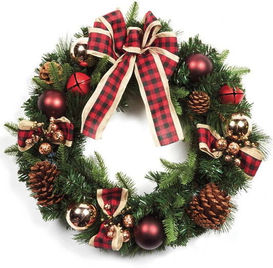 50CM RED BOW WREATH WITH BAUBLE AND CONES | FDF237038DW