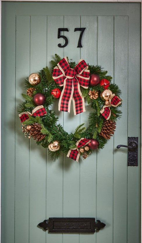 50CM RED BOW WREATH WITH BAUBLE AND CONES | FDF237038DW