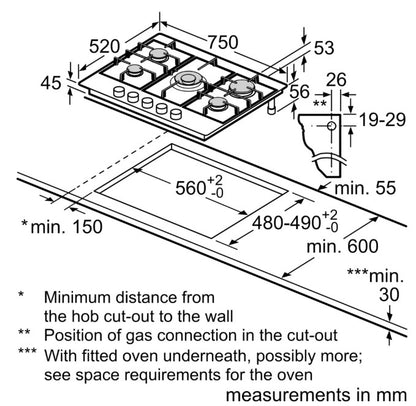 BOSCH SERIES 6 5 BURNER GAS HOB ST-STEEL | PCQ7A5I90